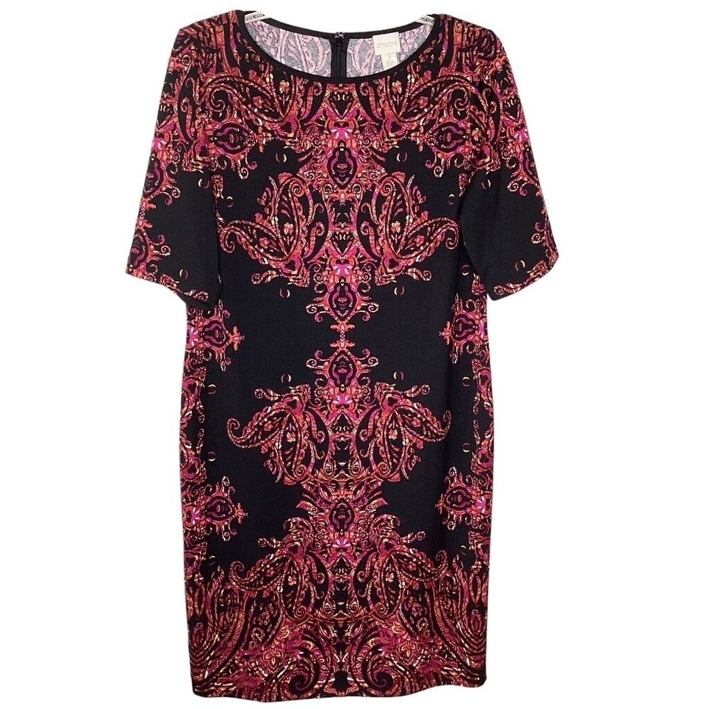 Chico's Dress Sz L Black Red Sheath Knit Paisley Knee‎ Length Short Sleeves EUC